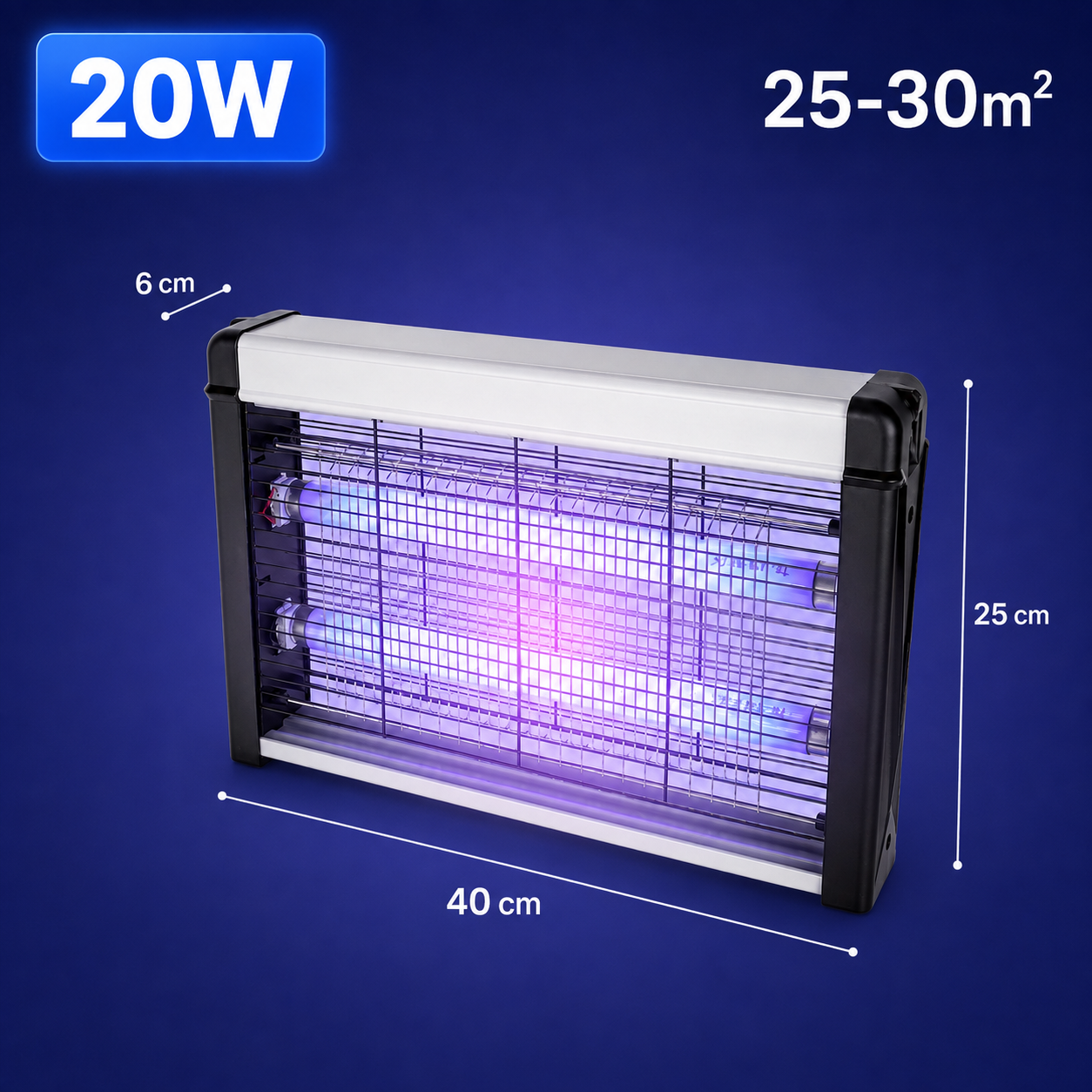 Lámpara antimosquitos de 20 W, cobertura recomendada de 25 a 30 m² y medidas de 40 × 25 × 6 cm